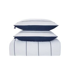 C. Wonder Comforter Set Unisex Full Queen White Navy New Striped Tassel Bedding